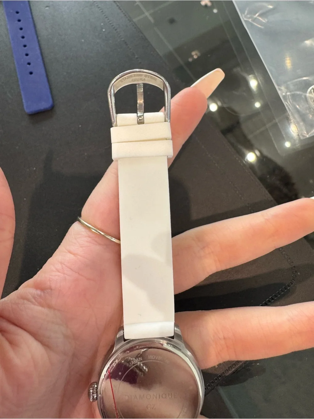 New DMQ Women’s silver tone & white Watch w Crystal Markers and rubber Strap.